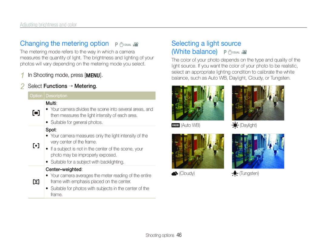 Samsung SL820 Changing the metering option p d, Selecting a light source White balance p d, Adjusting brightness and color 