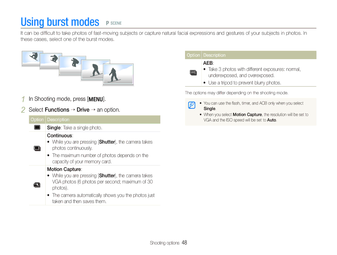 Samsung SL820 user manual Using burst modes p s, Shooting mode, press m Select Functions ““Drive “ an option 