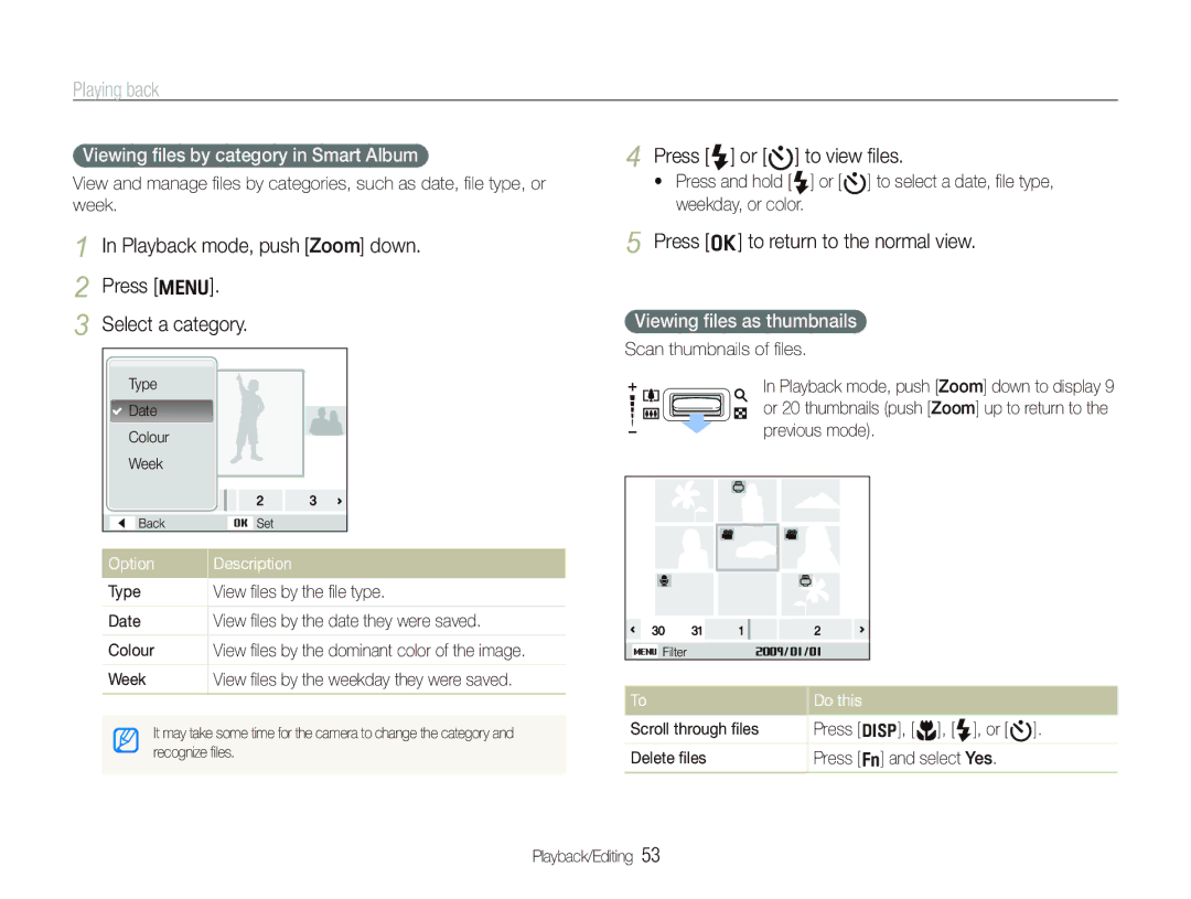 Samsung SL820 user manual Playing back, Playback mode, push Zoom down Press m Select a category, Press F or t to view ﬁles 