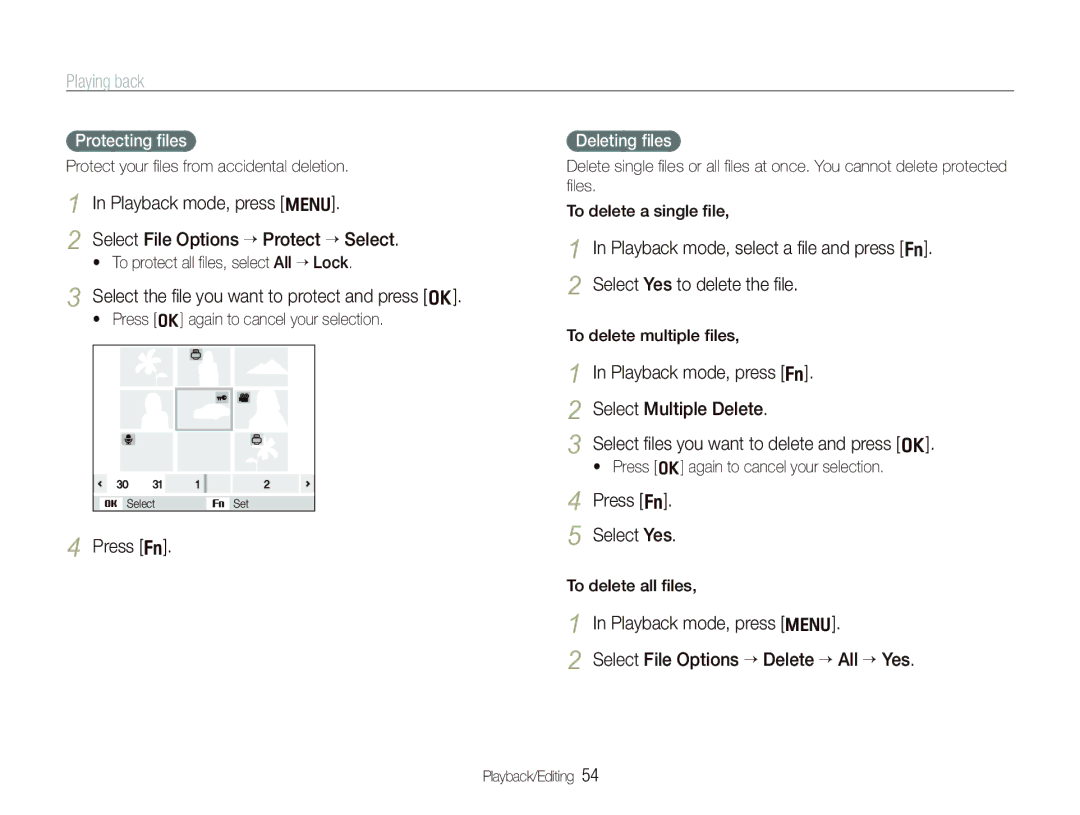 Samsung SL820 user manual Select File Options ““Protect ““Select, Select the ﬁle you want to protect and press o, Press f 