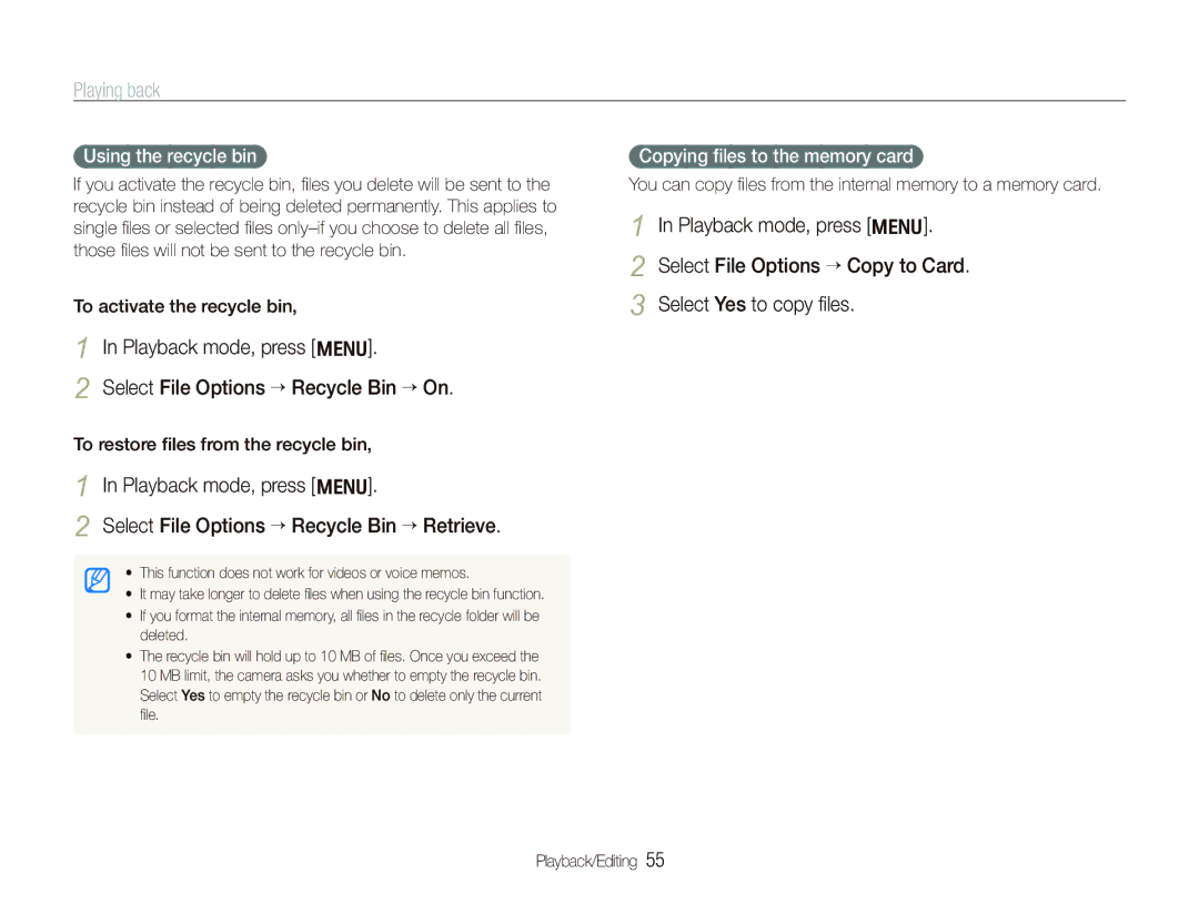 Samsung SL820 user manual Using the recycle bin, Copying ﬁles to the memory card, To activate the recycle bin 