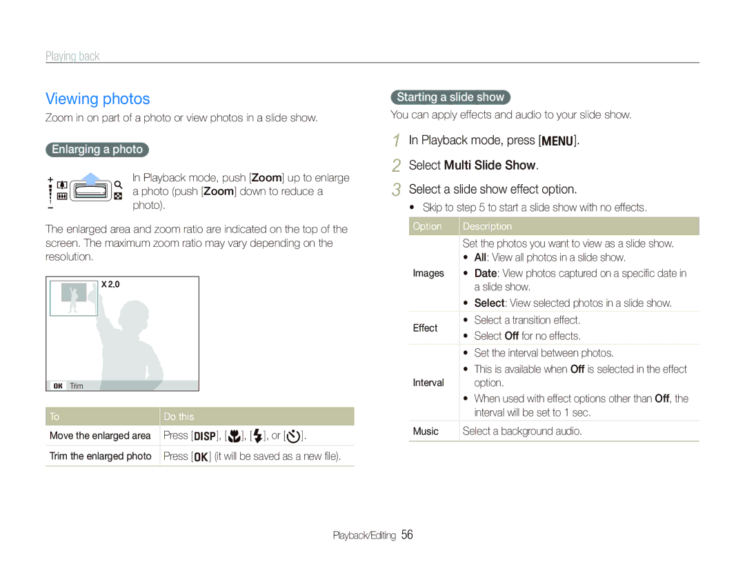 Samsung SL820 user manual Viewing photos, Enlarging a photo, Starting a slide show 