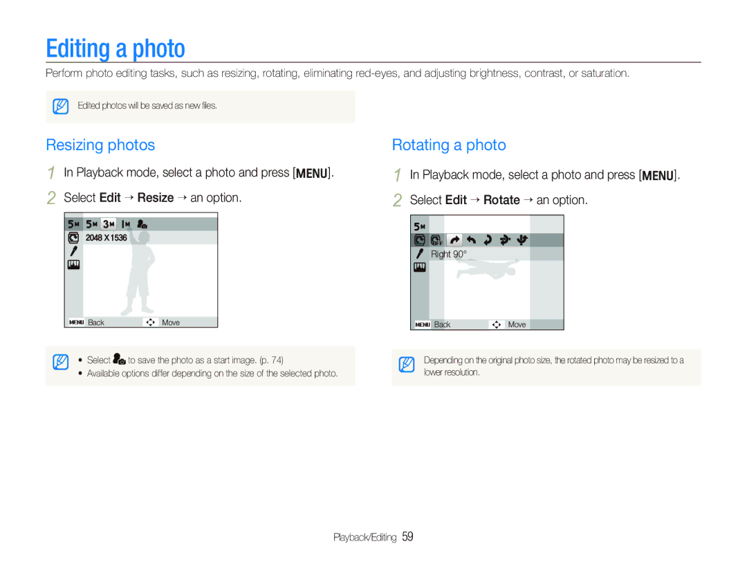 Samsung SL820 user manual Editing a photo, Resizing photos, Rotating a photo 