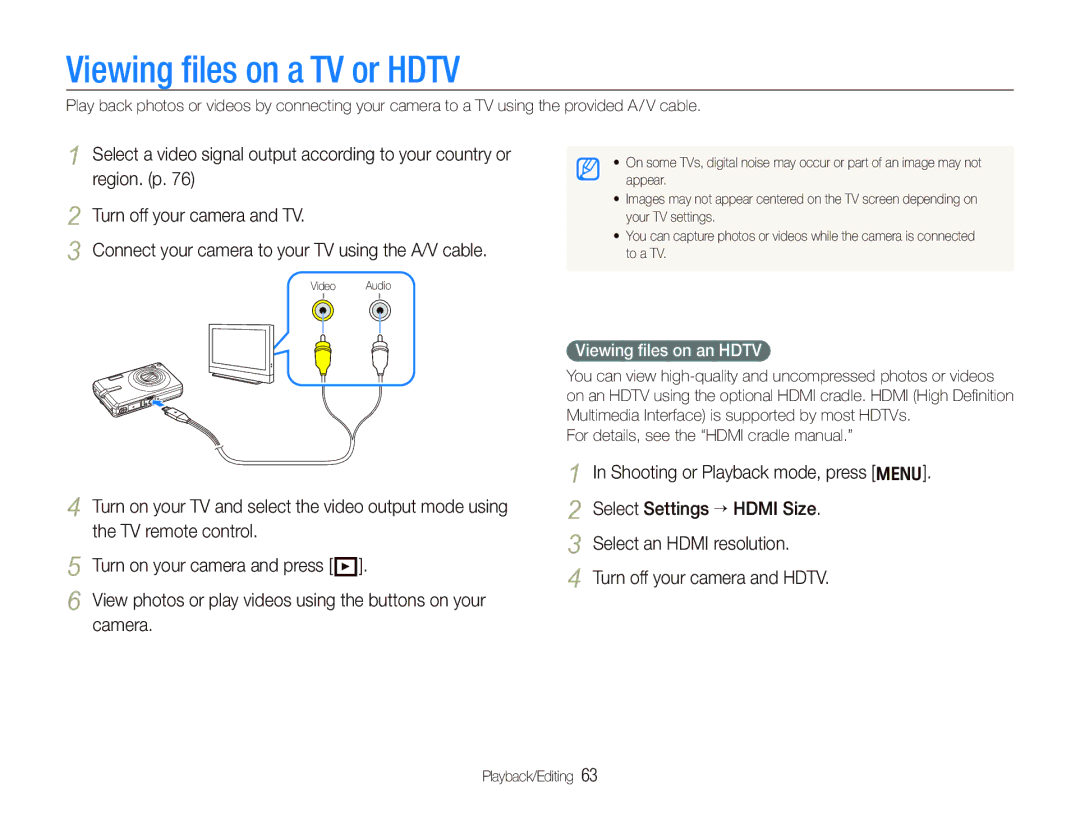 Samsung SL820 Viewing ﬁles on a TV or Hdtv, Connect your camera to your TV using the A/V cable, Viewing ﬁles on an Hdtv 