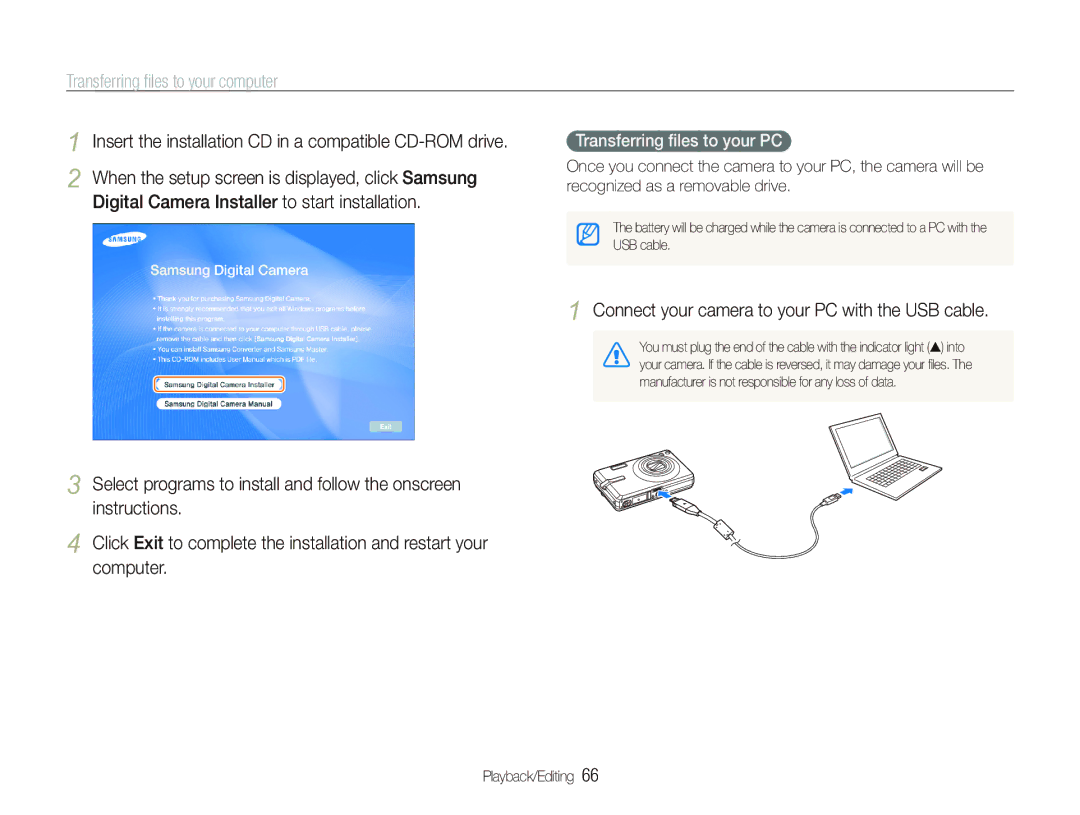 Samsung SL820 user manual Transferring ﬁles to your computer, Insert the installation CD in a compatible CD-ROM drive 