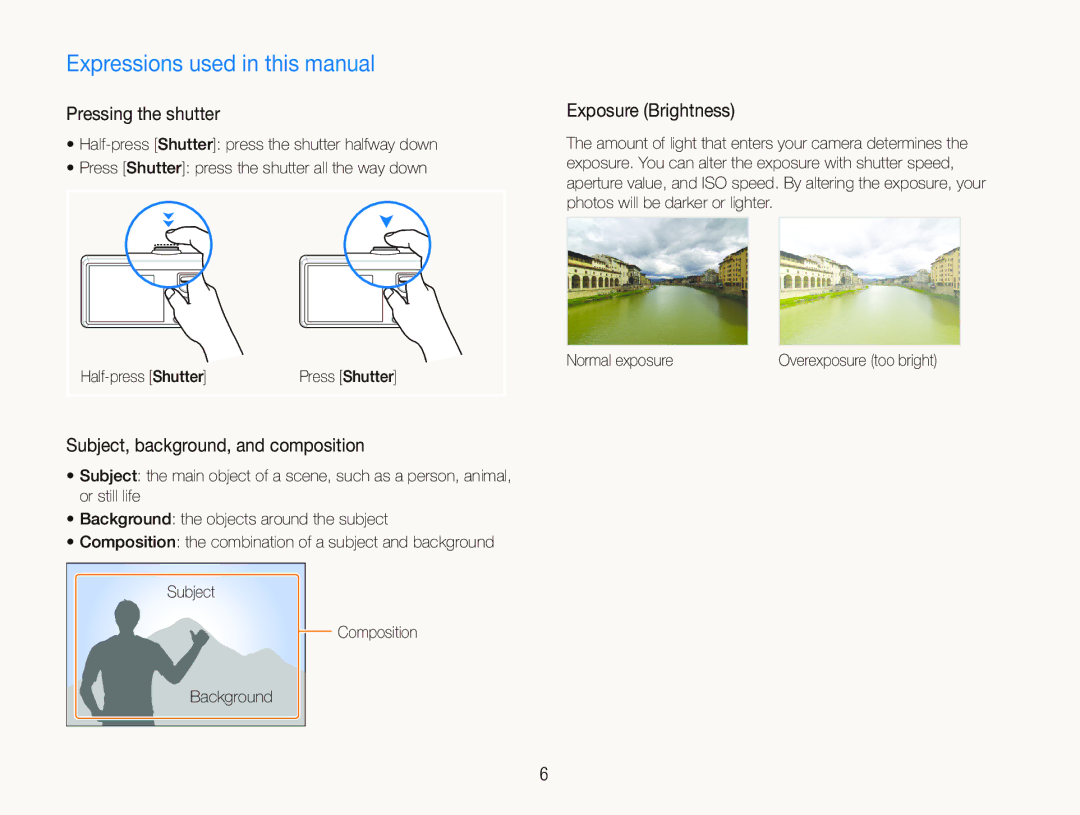 Samsung SL820 user manual Expressions used in this manual, Pressing the shutter, Subject, background, and composition 