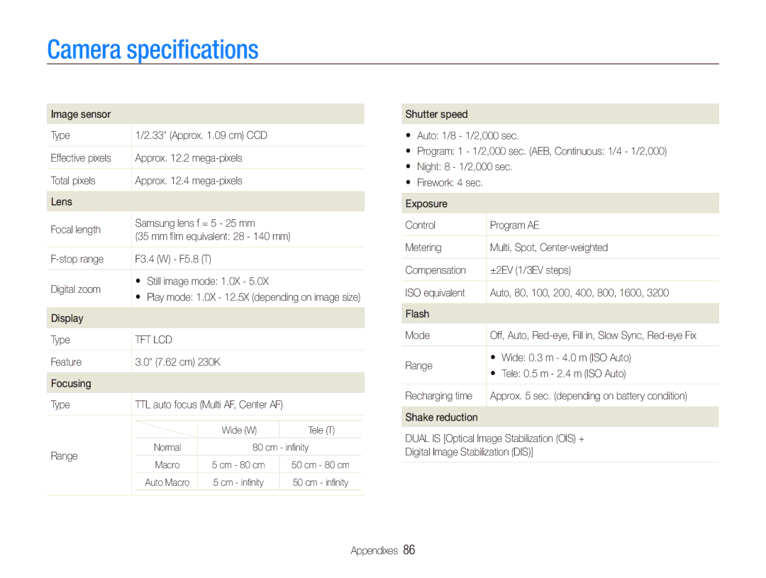 Samsung SL820 user manual Camera speciﬁcations 