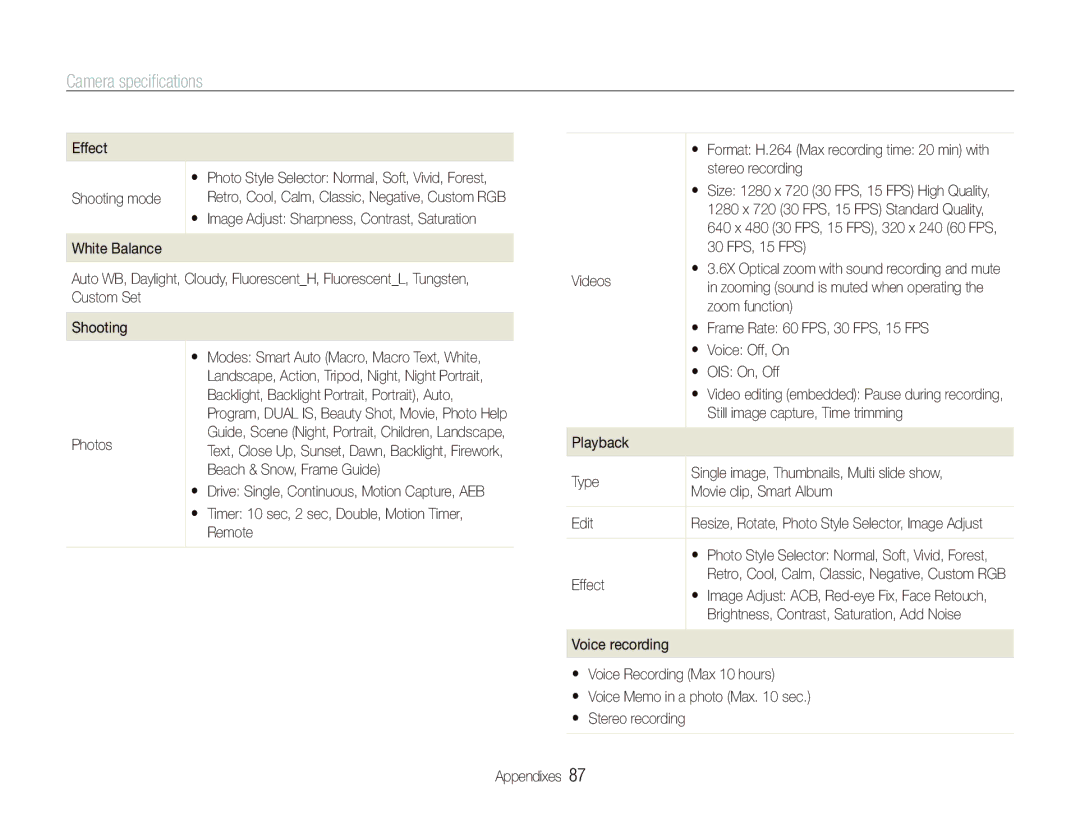 Samsung SL820 user manual Camera speciﬁcations 