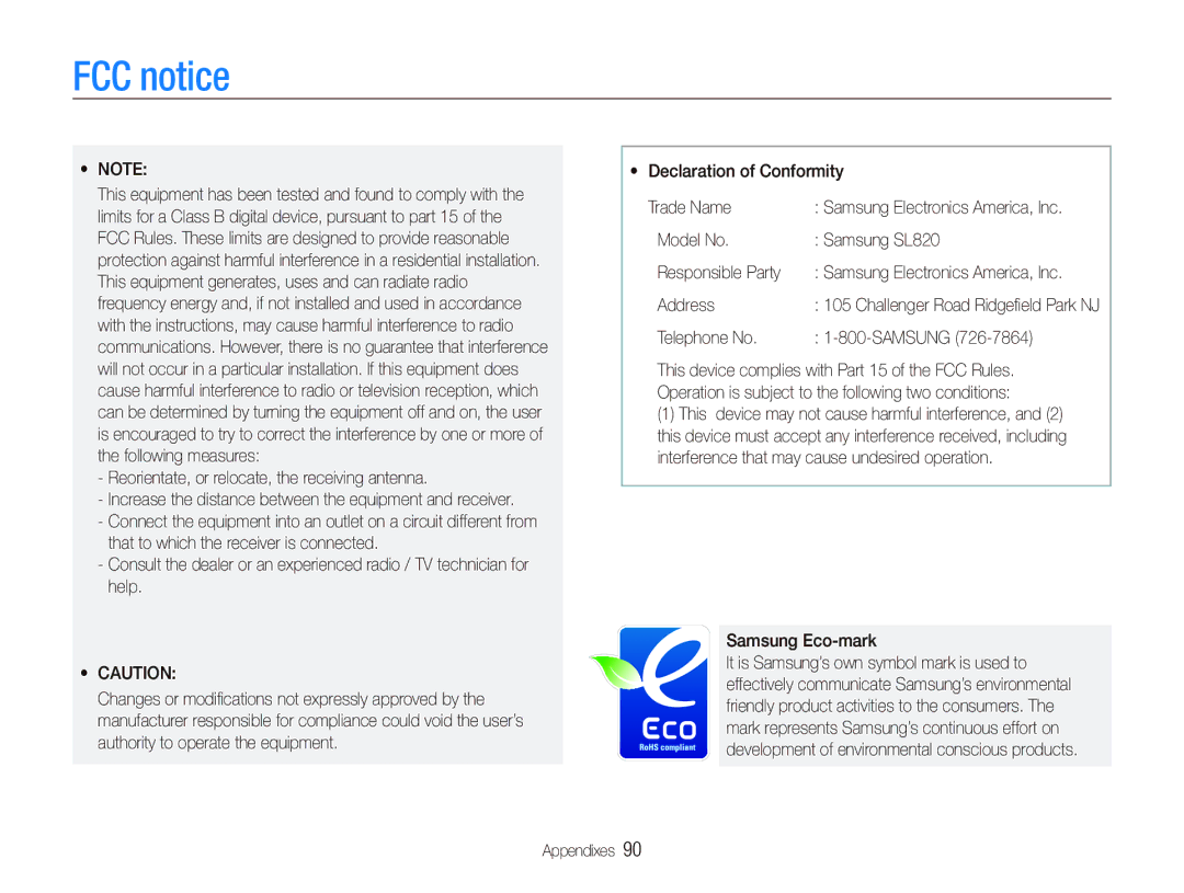 Samsung SL820 user manual FCC notice 