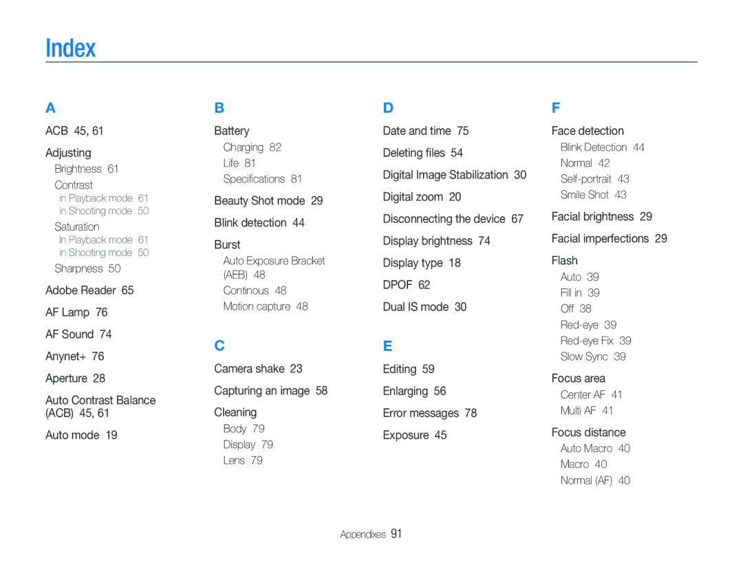 Samsung SL820 user manual Index 