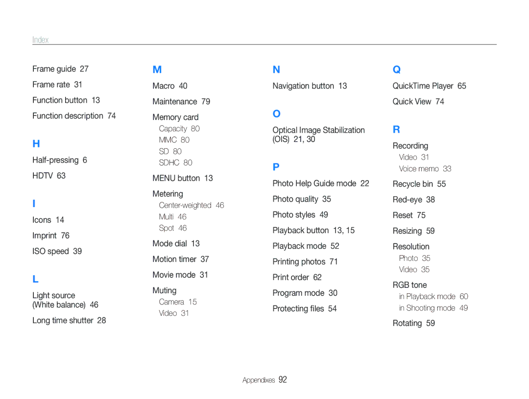 Samsung SL820 user manual Index 