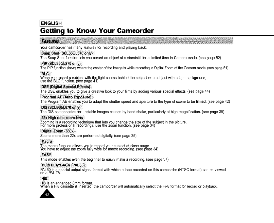 Samsung SL870, SL860, SC-L810 manual Getting to Know Your Camcorder 