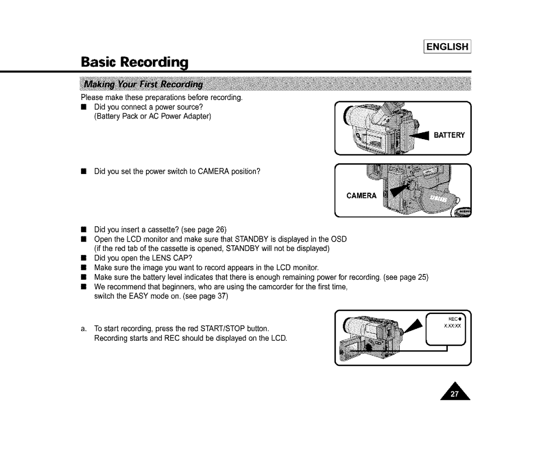 Samsung SL870, SL860, SC-L810 manual Basic Recording 