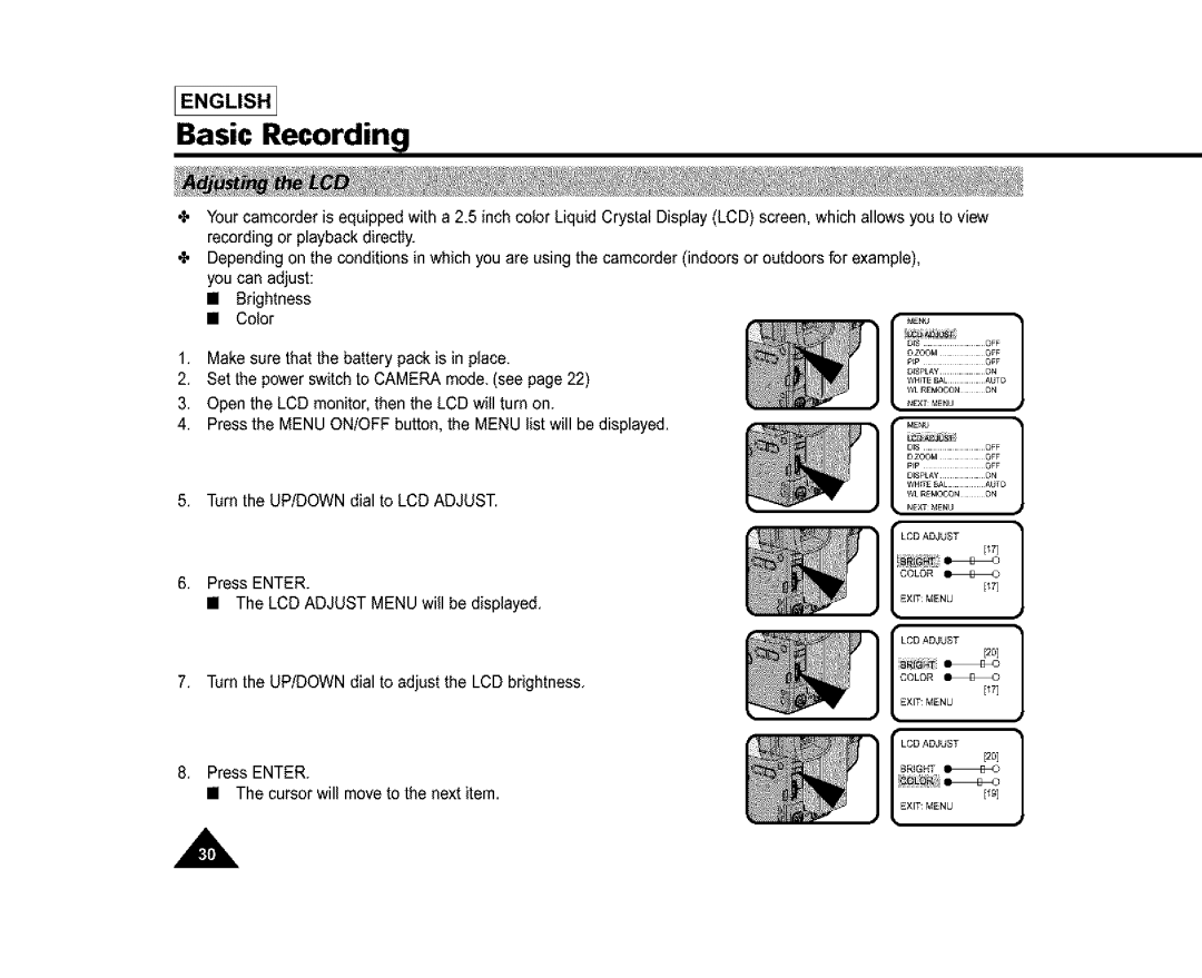 Samsung SL870, SL860, SC-L810 manual Turnthe UP/DOWNdial to LCD Adjust 