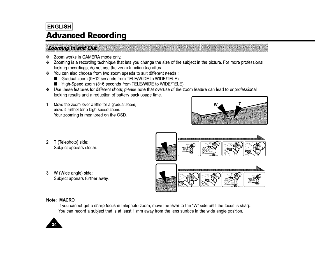 Samsung SL860, SL870, SC-L810 manual Advanced Recording, Telephotoside Subjectappears closer 