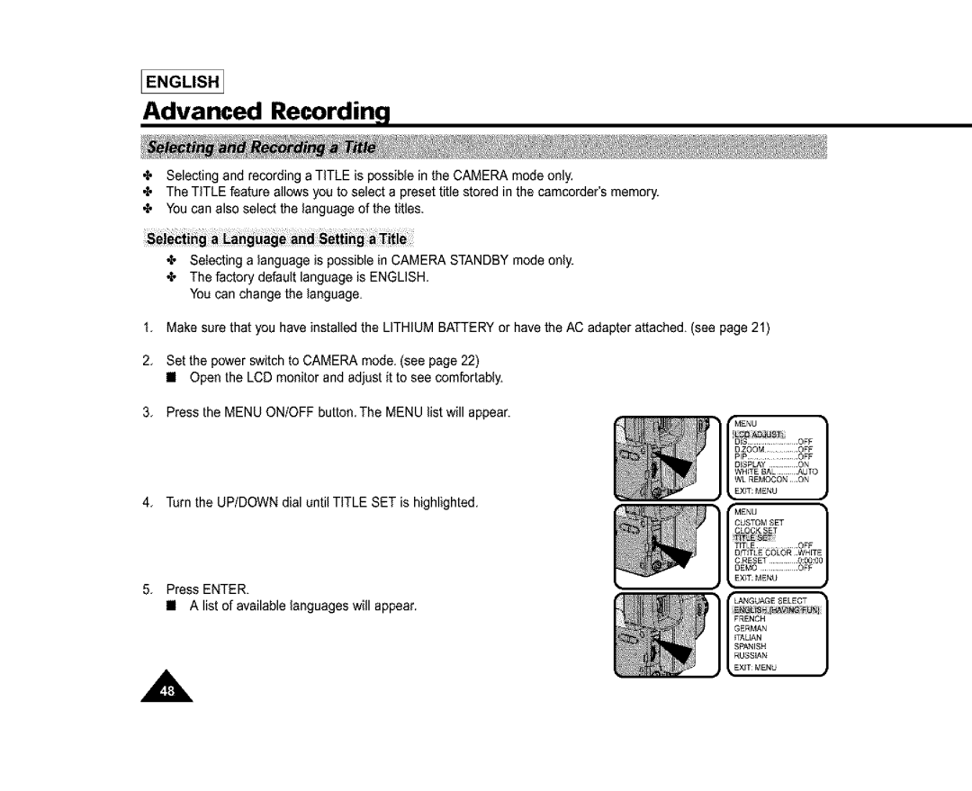 Samsung SL870, SL860, SC-L810 manual Press Enter List of available languages will appear 