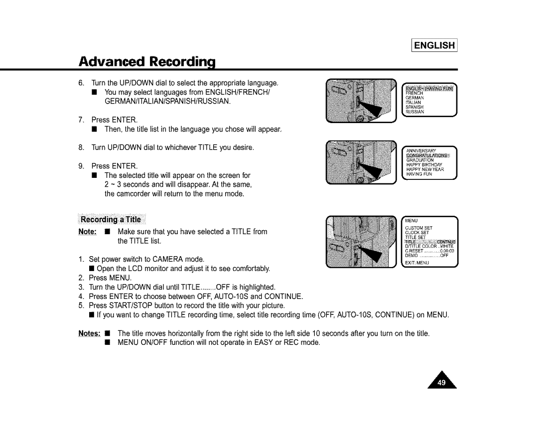 Samsung SL860, SL870, SC-L810 manual Advanced Recording 