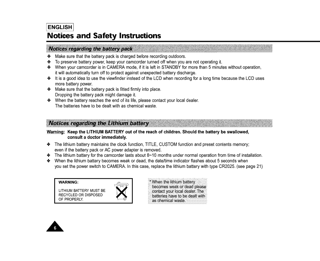 Samsung SL870, SL860, SC-L810 manual Lithium Battery Must be Recycled or Disposed Properly 