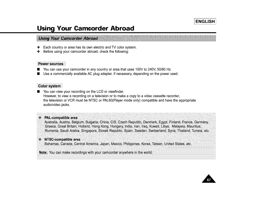 Samsung SL860, SL870, SC-L810 manual Using Your Camcorder Abroad 