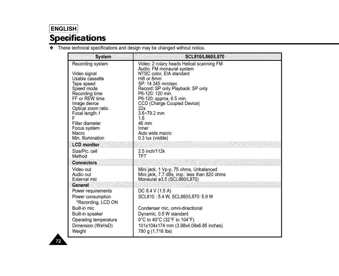 Samsung SL870, SL860, SC-L810 manual Specifications 