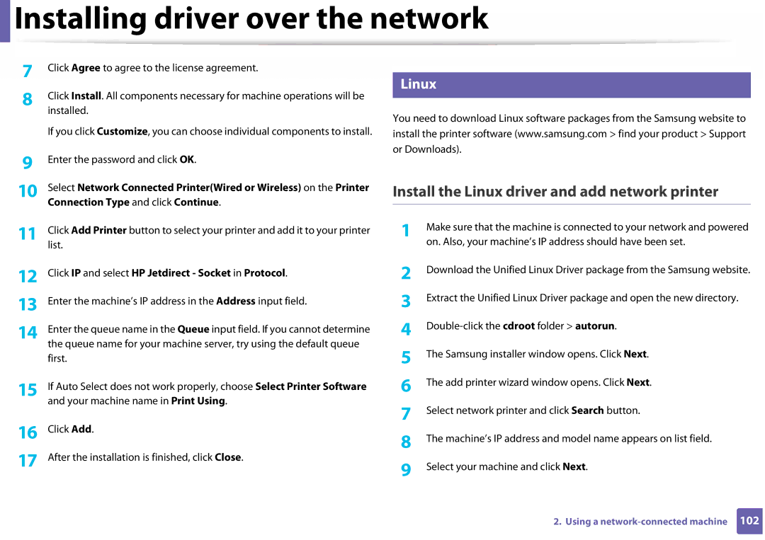 Samsung SLC410WXAC, SLC410WXAA manual Install the Linux driver and add network printer, Connection Type and click Continue 