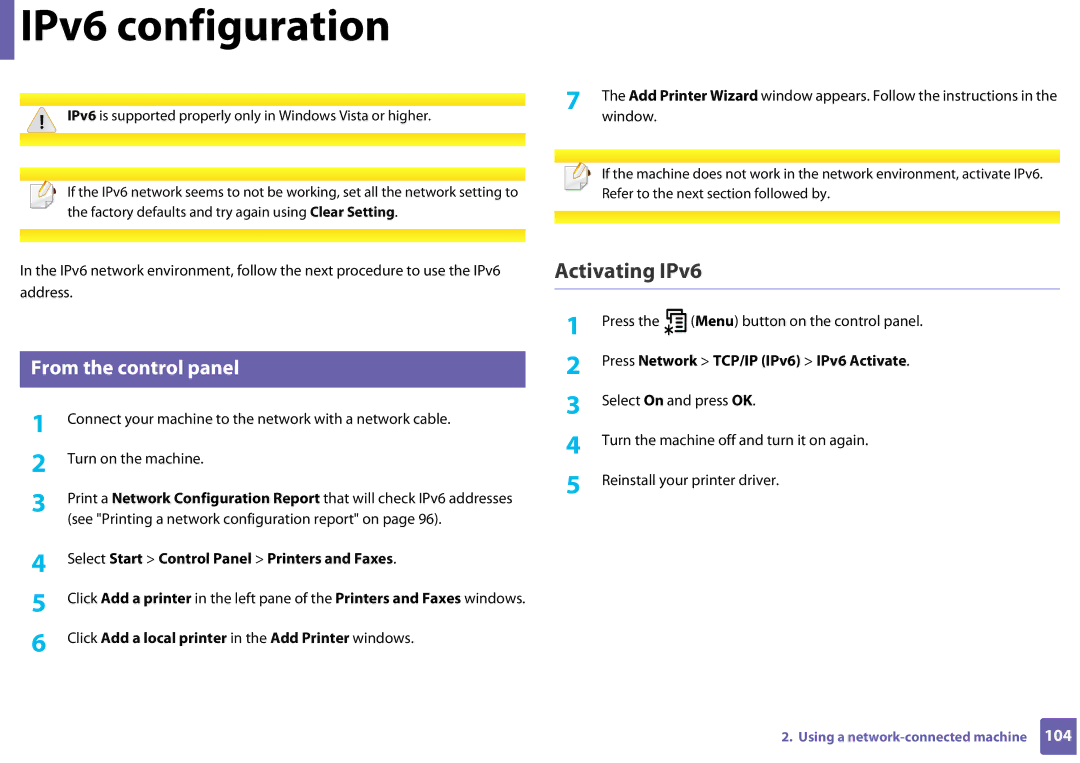 Samsung SLC410WXAC, SLC410WXAA manual IPv6 configuration, Activating IPv6, From the control panel 