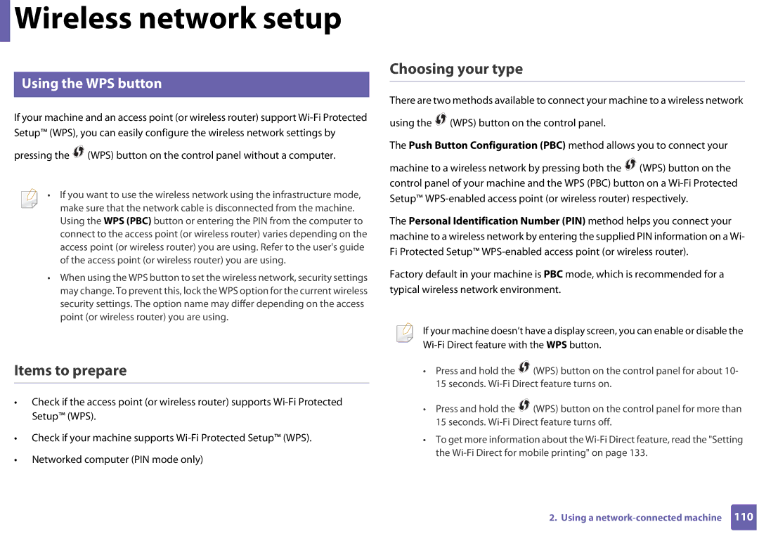 Samsung SLC410WXAC, SLC410WXAA manual Items to prepare, Choosing your type, Using the WPS button 