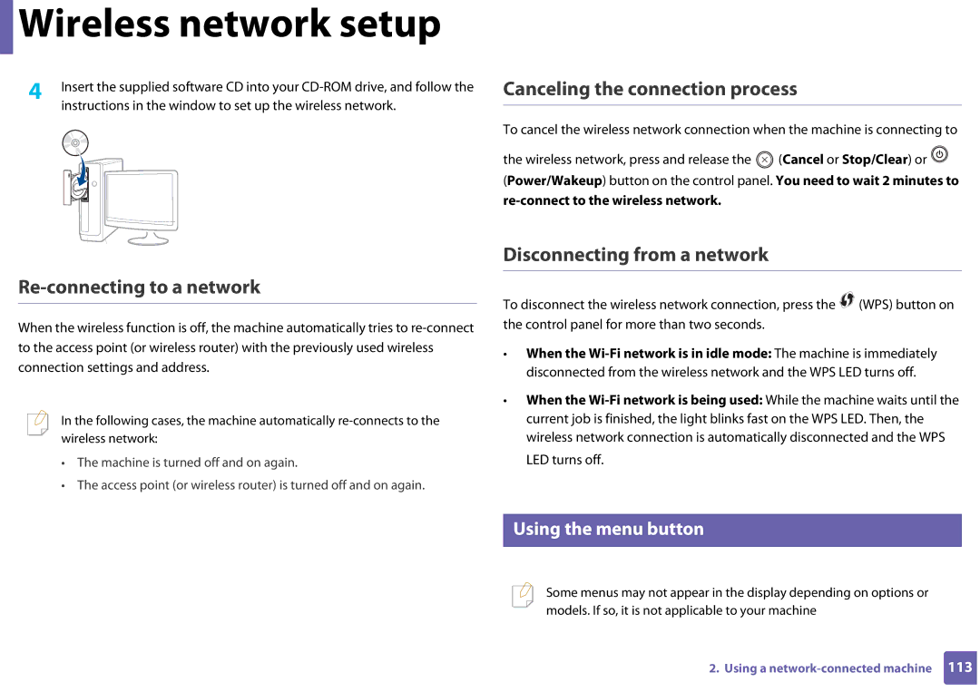 Samsung SLC410WXAA, SLC410WXAC Canceling the connection process, Re-connecting to a network, Disconnecting from a network 