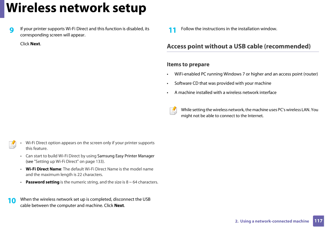 Samsung SLC410WXAA, SLC410WXAC manual Access point without a USB cable recommended 