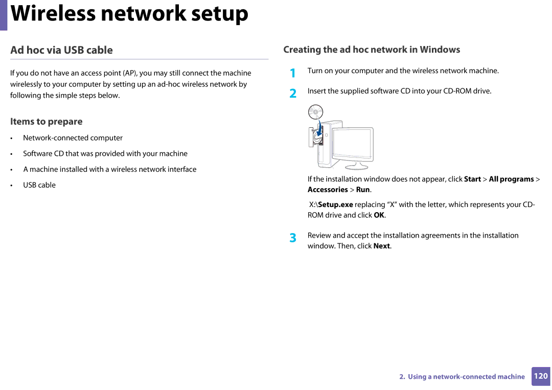 Samsung SLC410WXAC, SLC410WXAA manual Ad hoc via USB cable, Creating the ad hoc network in Windows 