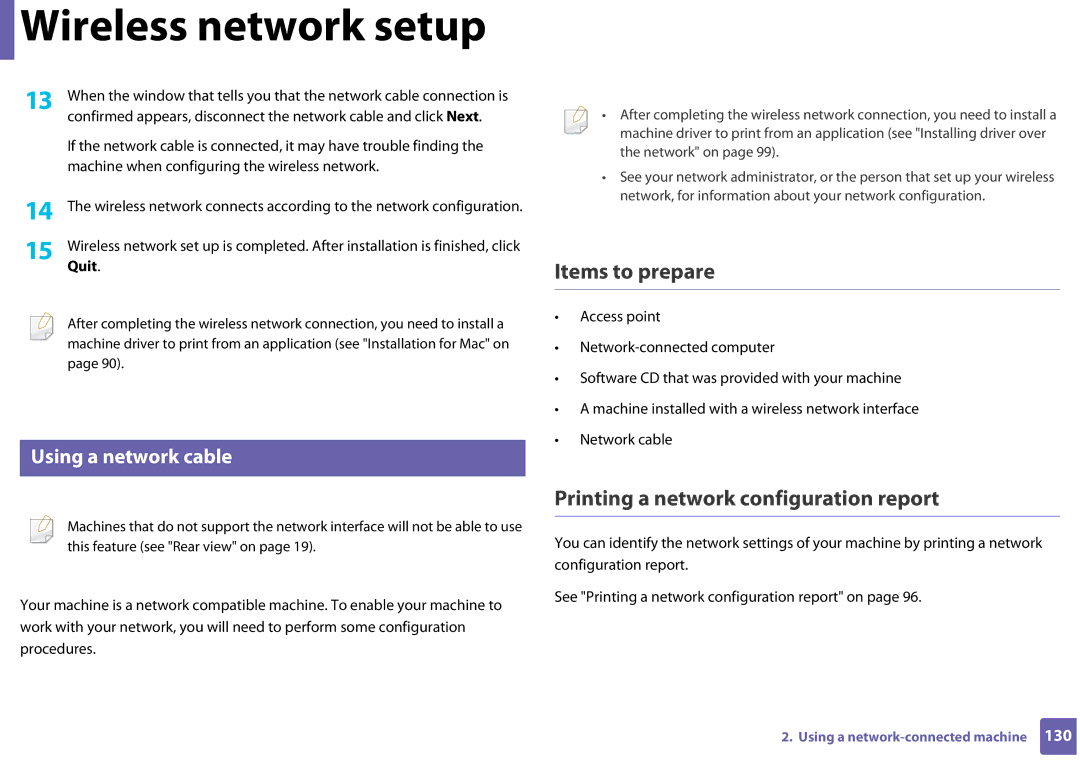 Samsung SLC410WXAC, SLC410WXAA manual Printing a network configuration report, Using a network cable, Quit 