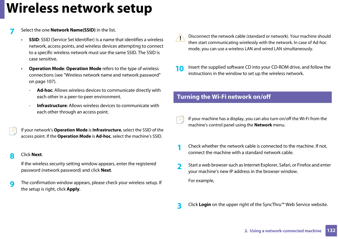 Samsung SLC410WXAC, SLC410WXAA manual Turning the Wi-Fi network on/off 