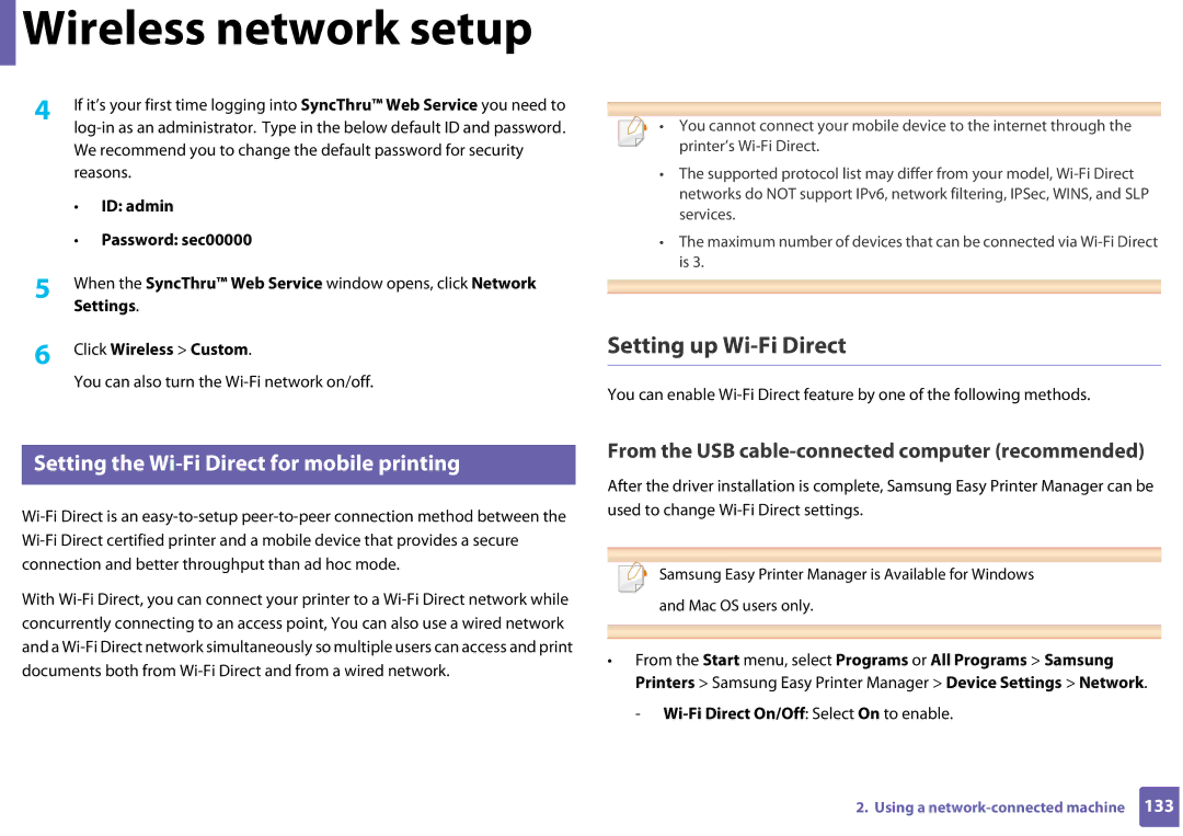 Samsung SLC410WXAA manual Setting up Wi-Fi Direct, Setting the Wi-Fi Direct for mobile printing, Click Wireless Custom 