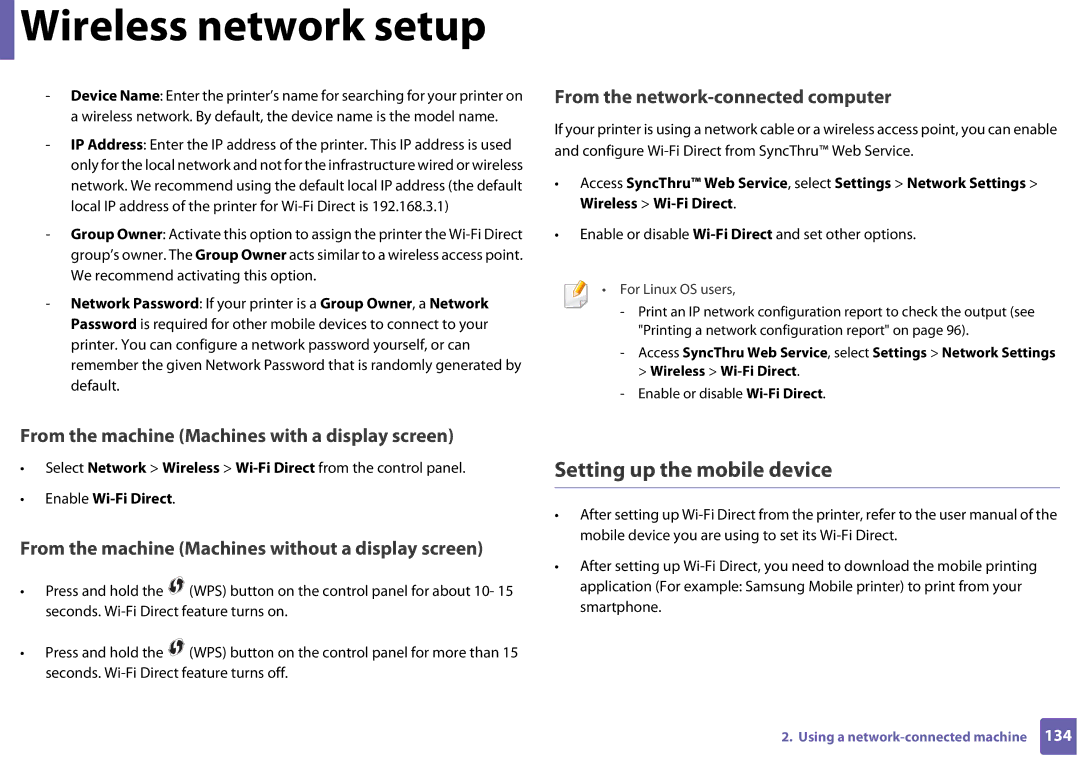 Samsung SLC410WXAC Setting up the mobile device, Enable or disable Wi-Fi Direct and set other options, Enable Wi-Fi Direct 