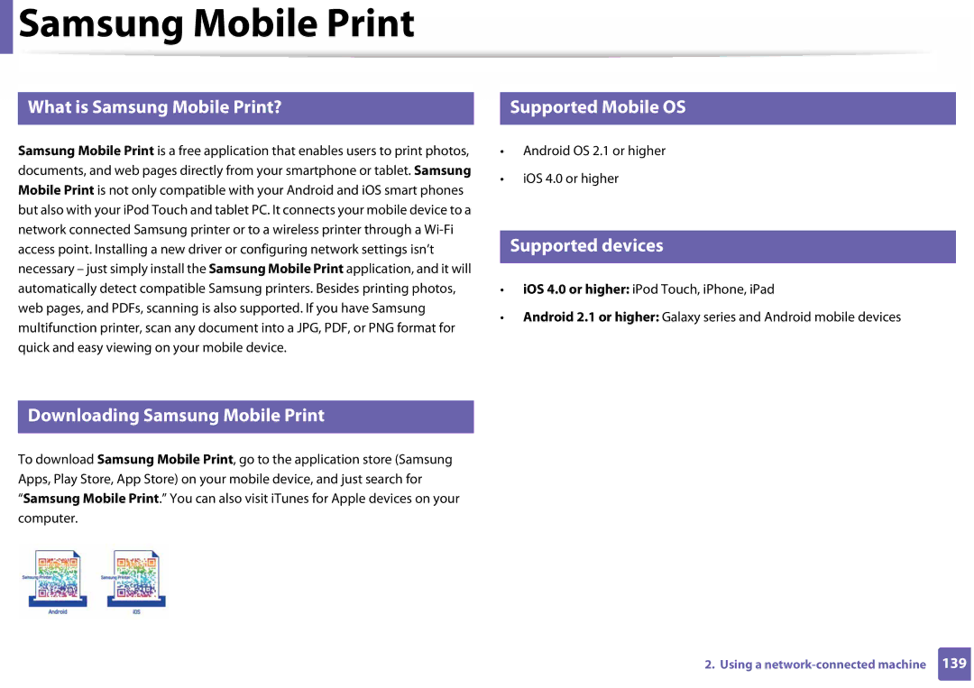 Samsung SLC410WXAA, SLC410WXAC manual Samsung Mobile Print, Supported Mobile OS, Supported devices 