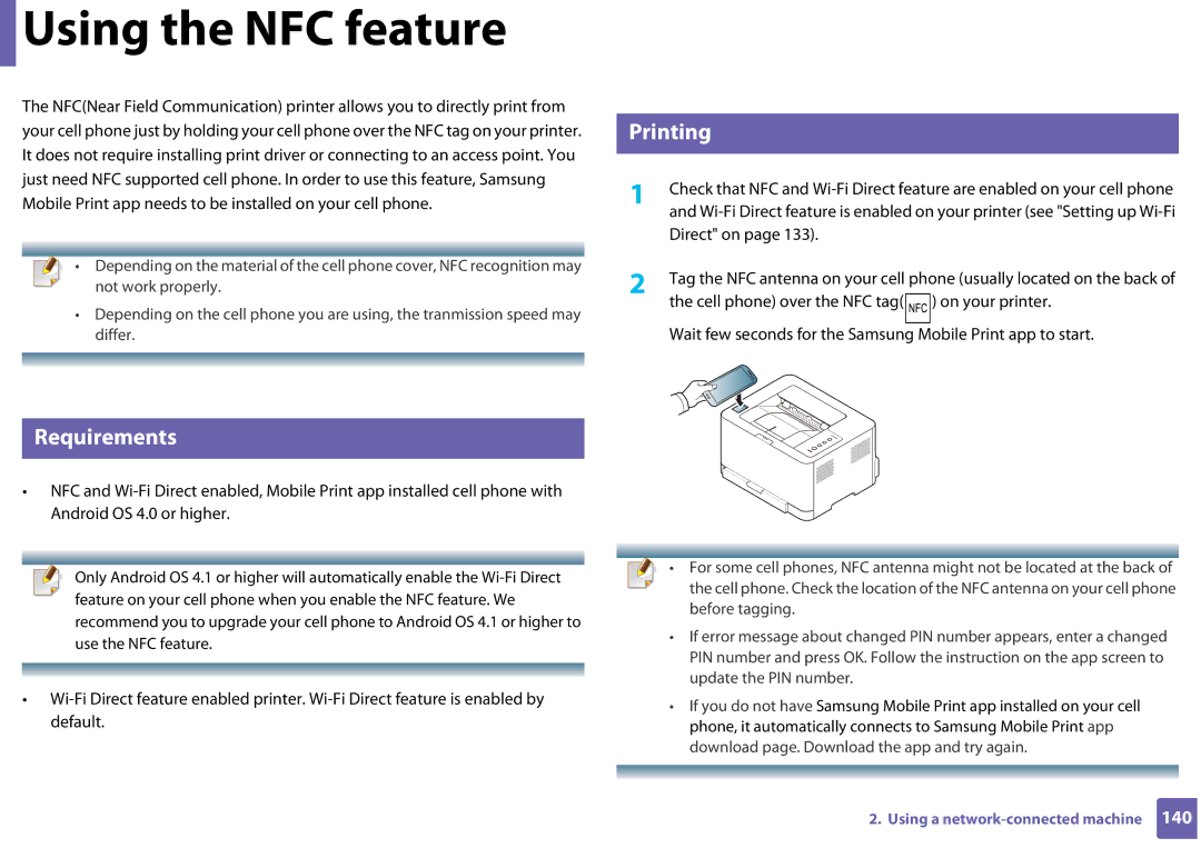 Samsung SLC410WXAC, SLC410WXAA manual Using the NFC feature, Requirements, Direct on 