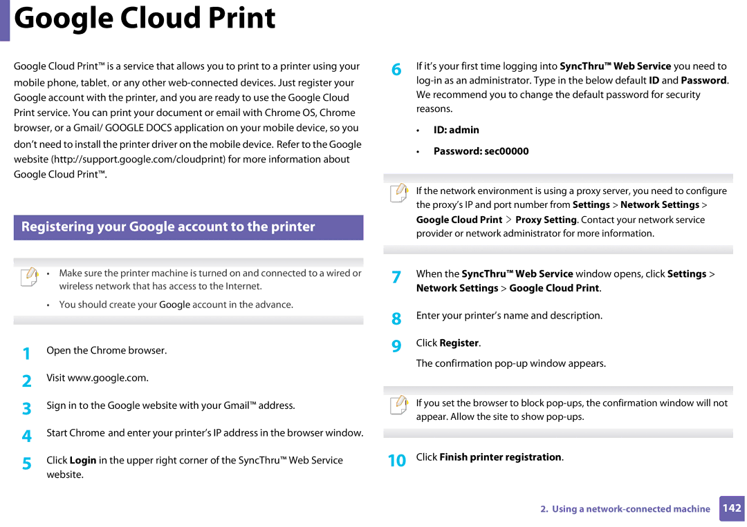 Samsung SLC410WXAC, SLC410WXAA manual Google Cloud Print, Registering your Google account to the printer, Click Register 