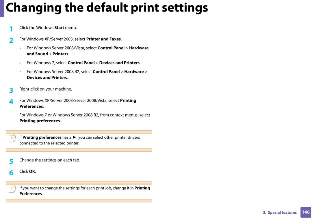 Samsung SLC410WXAC manual Changing the default print settings, For Windows 7, select Control Panel Devices and Printers 