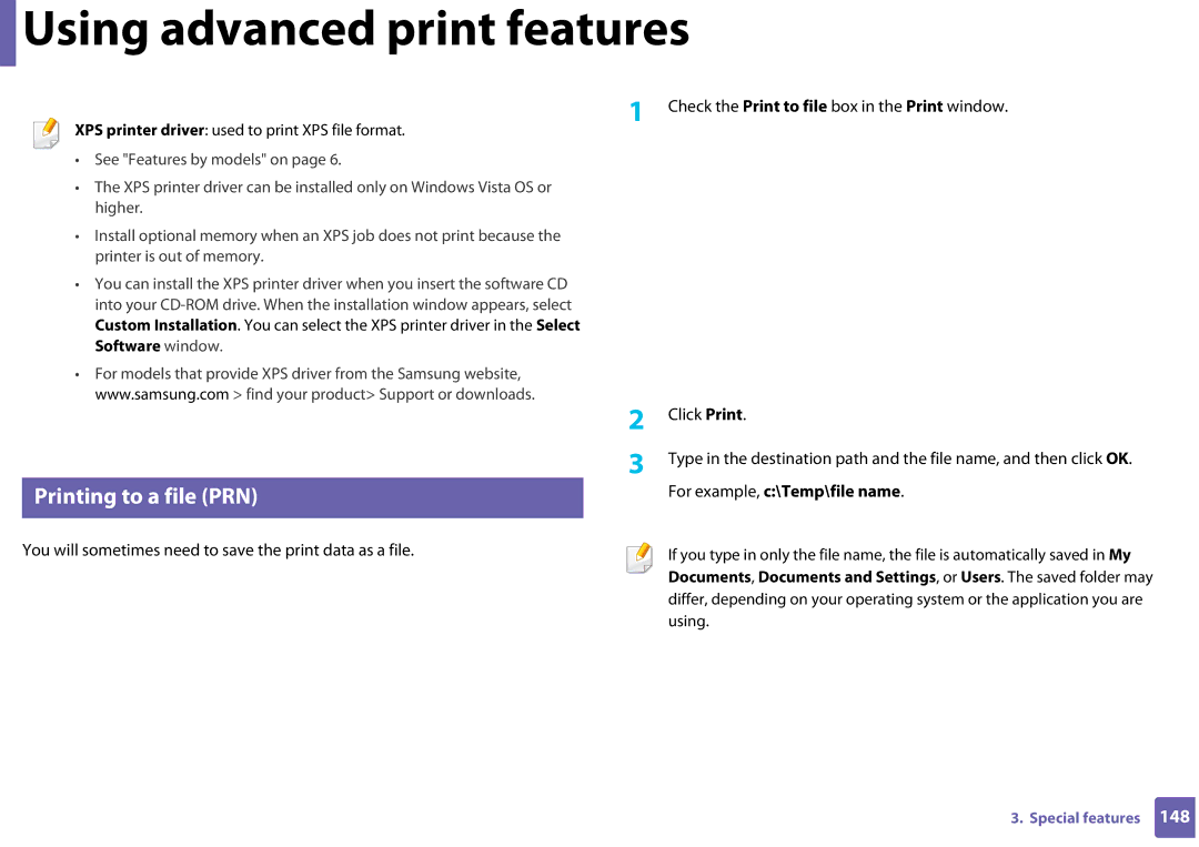 Samsung SLC410WXAC Using advanced print features, Printing to a file PRN, Check the Print to file box in the Print window 