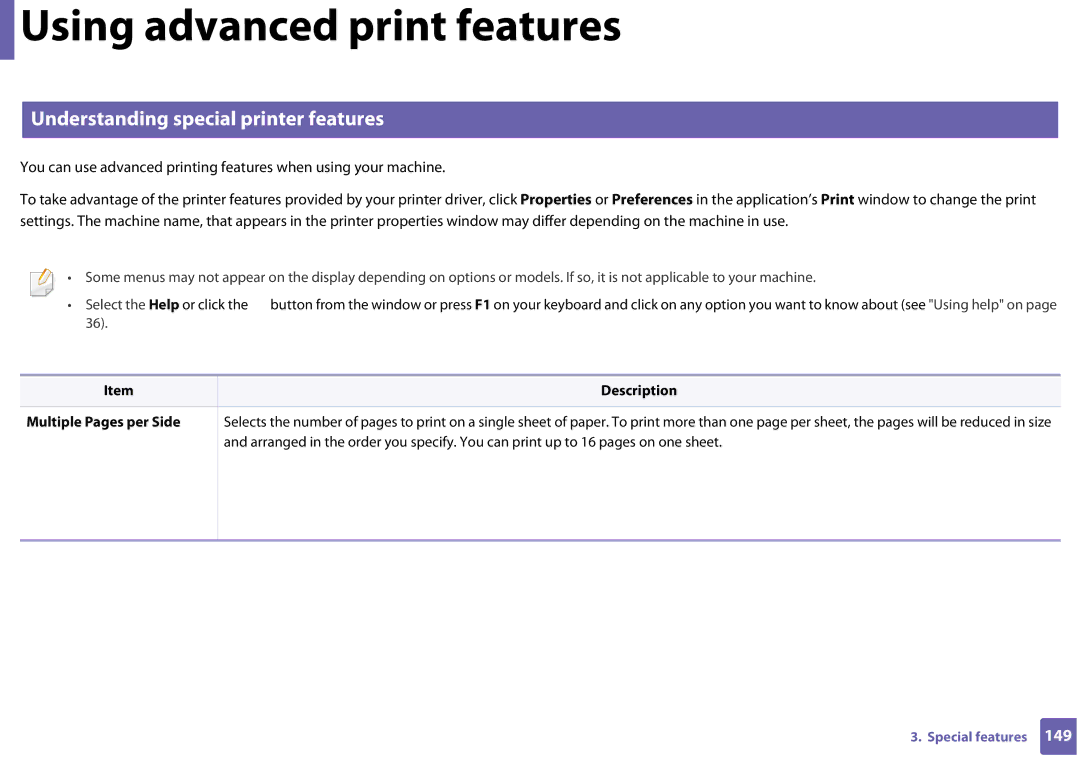 Samsung SLC410WXAA, SLC410WXAC manual Understanding special printer features, Multiple Pages per Side 