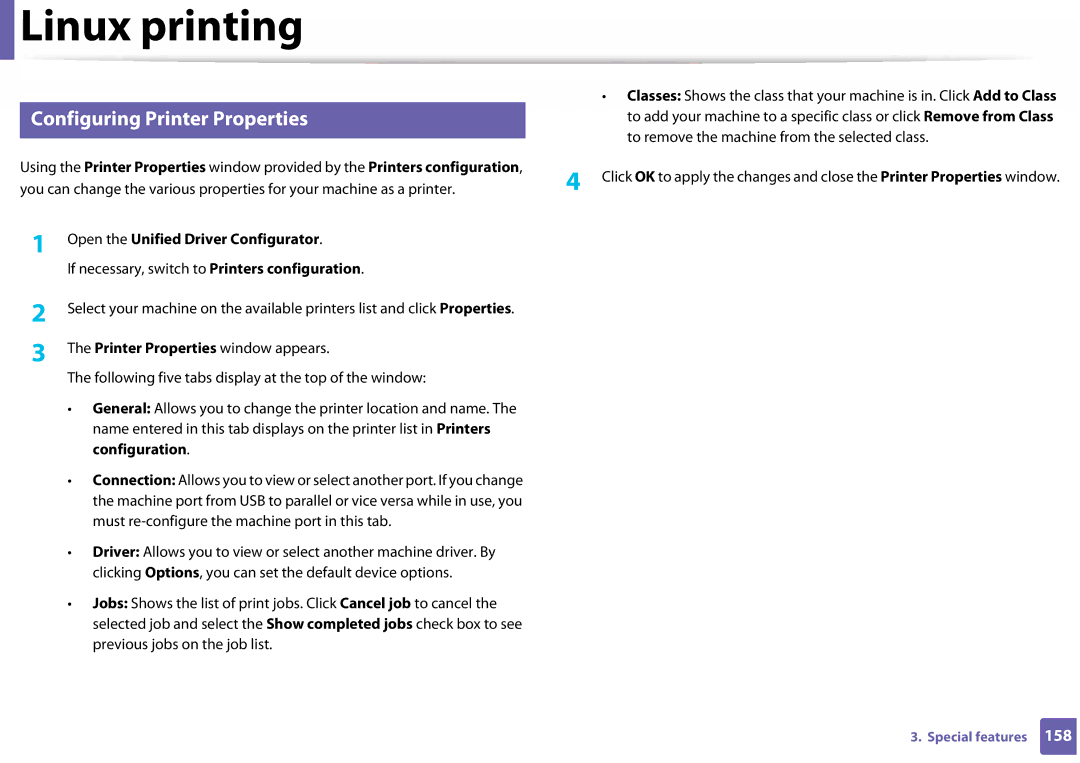 Samsung SLC410WXAC, SLC410WXAA manual Configuring Printer Properties, To remove the machine from the selected class 