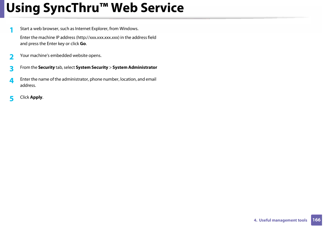 Samsung SLC410WXAC, SLC410WXAA manual Using SyncThru Web Service 