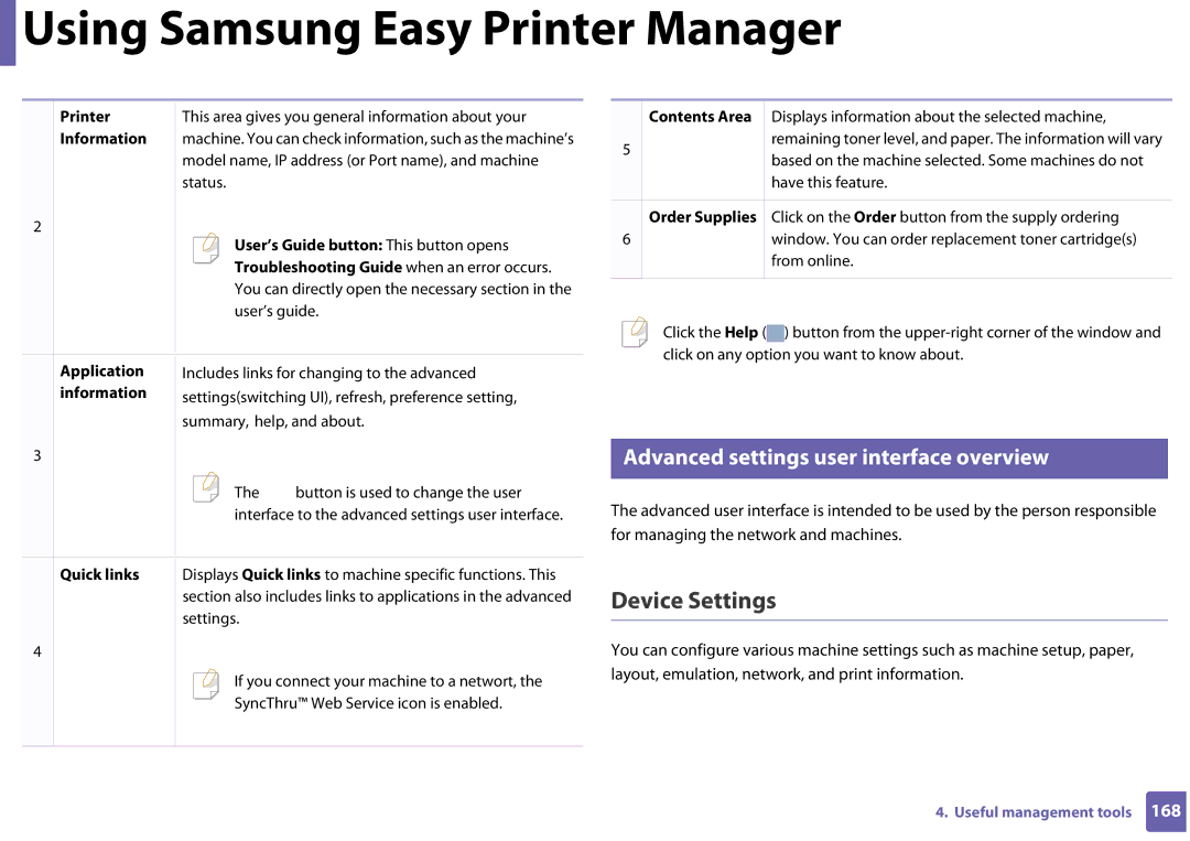 Samsung SLC410WXAC, SLC410WXAA manual Device Settings, Advanced settings user interface overview 