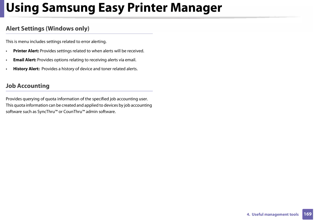 Samsung SLC410WXAA, SLC410WXAC manual Alert Settings Windows only, Job Accounting 