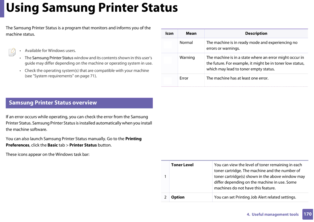 Samsung SLC410WXAC Samsung Printer Status overview, Machine status, Preferences, click the Basic tab Printer Status button 