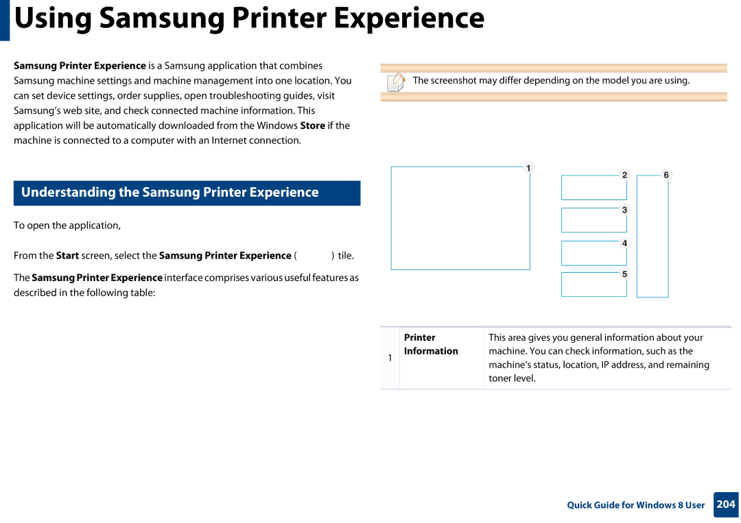 Samsung SLC410WXAC Using Samsung Printer Experience, Understanding the Samsung Printer Experience, Printer Information 