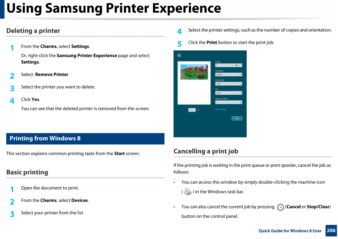 Samsung SLC410WXAC, SLC410WXAA manual Deleting a printer, Basic printing, Cancelling a print job, Printing from Windows 