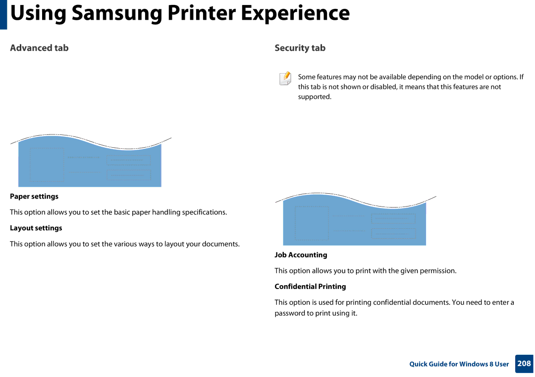 Samsung SLC410WXAC, SLC410WXAA manual Paper settings, Layout settings, Job Accounting, Confidential Printing 