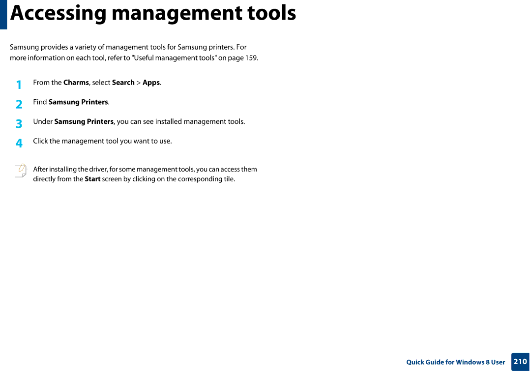 Samsung SLC410WXAC, SLC410WXAA manual Accessing management tools, From the Charms, select Search Apps, Find Samsung Printers 