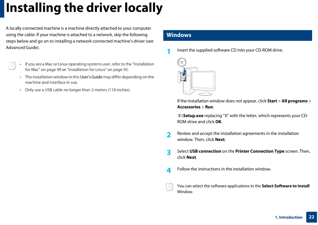 Samsung SLC410WXAC, SLC410WXAA manual Installing the driver locally, Windows, Accessories Run 